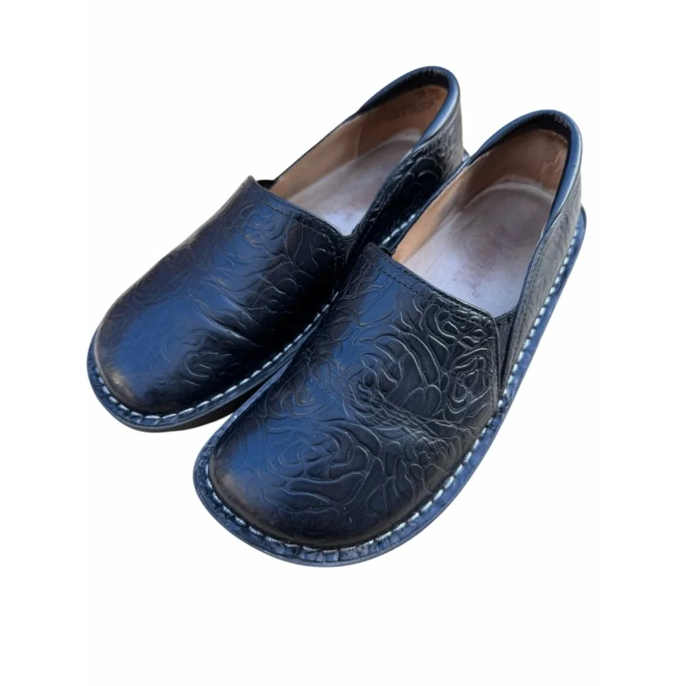 Alegria Debra Black Embossed Leather Clogs‎ Comfort Shoes EU 37